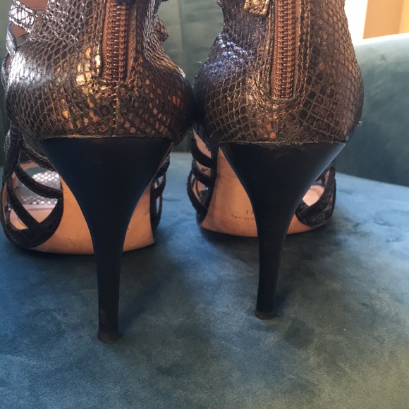 Bronze snakeskin strappy peep toe with zip heel. - Picture 4 of 5